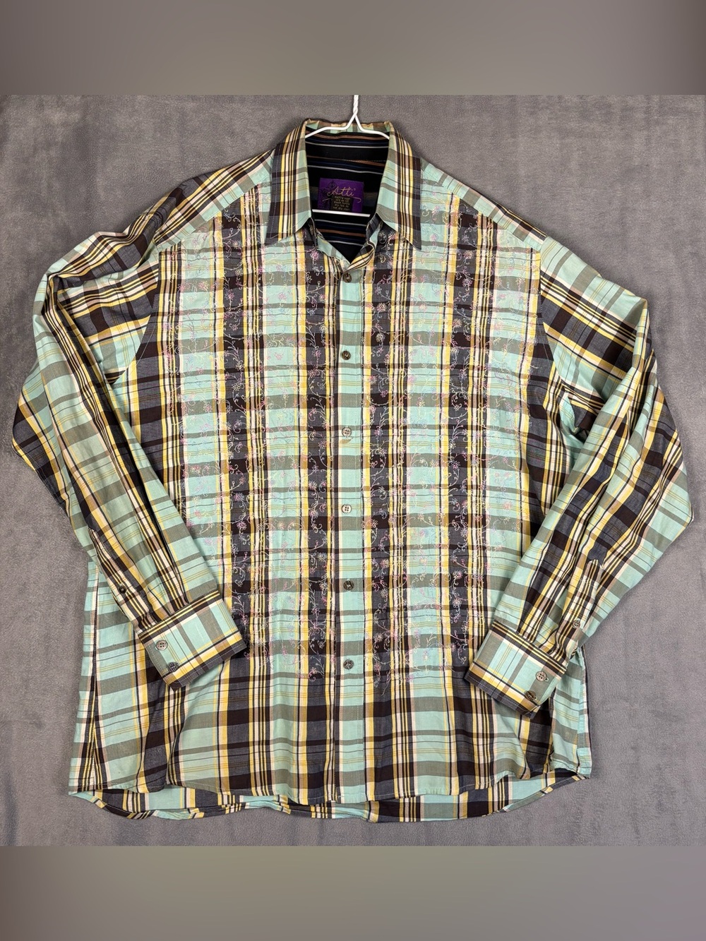 Atti Mens XL Button Up Shirt Plaid Floral Embroidered Long Sleeve Mint Green